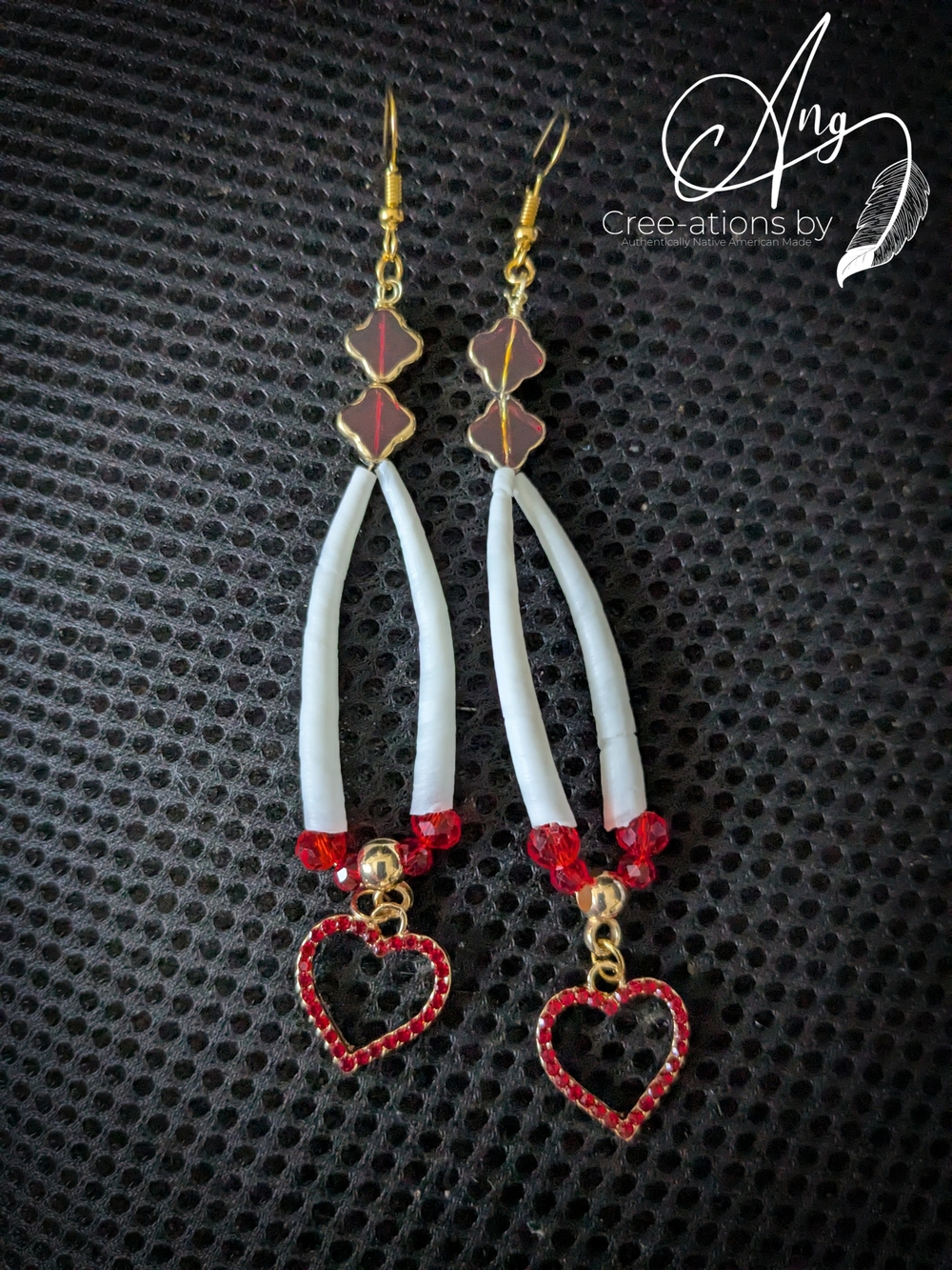 Indigenous Red Clover, Rhinestone & Crystal Dentalium Shell Earrings - Gold Tone